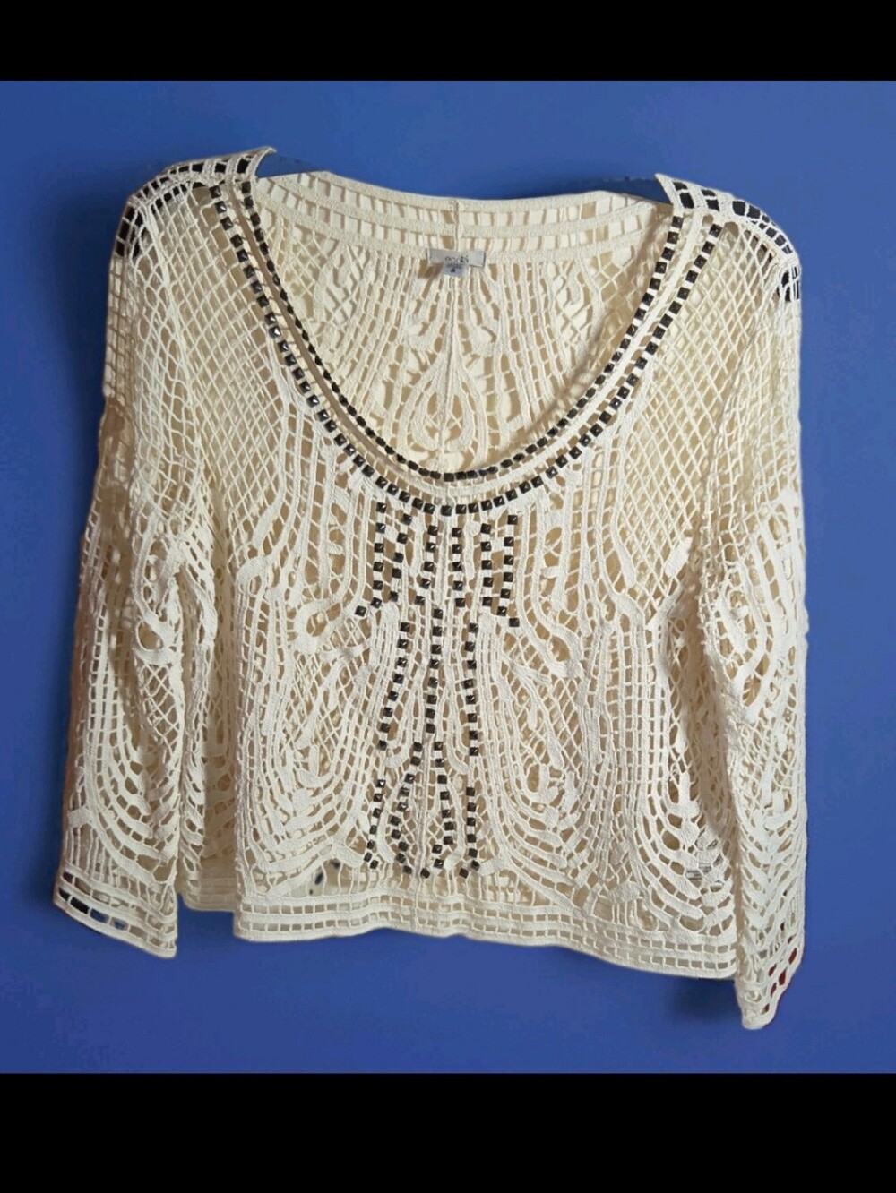 Crochet Openwork Metal Rivet Detail Scoop Neck Top - Cream Boho Festival Chic